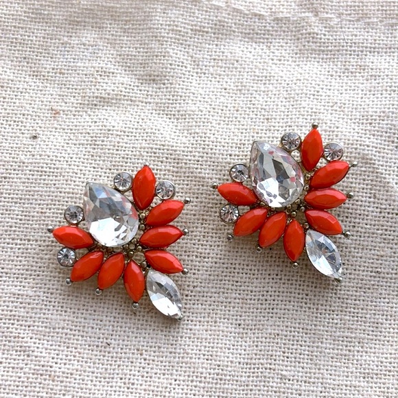 Orange Clear Faceted Crystal Marquis Shape Statement Earrings - Picture 1 of 5